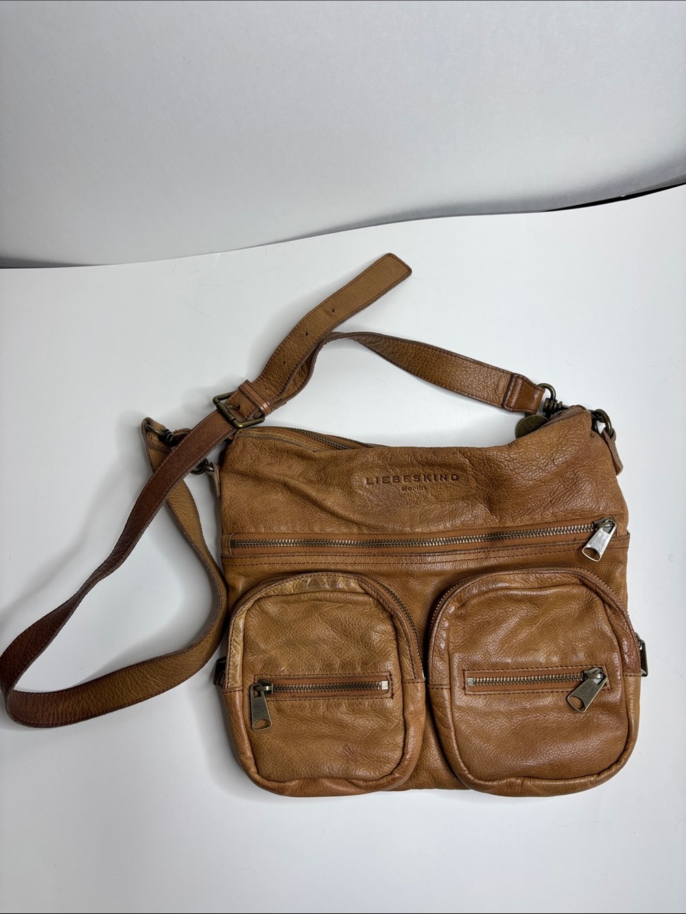 Liebeskind Berlin Brown Leather Messenger Bag with Dual Front Pockets